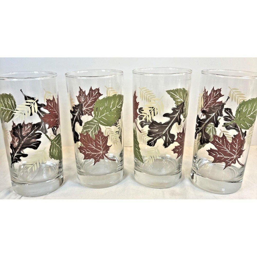 Vintage Set Of 4 Libbey Drinking Glass Autumn Leaves 6.25" Tumbler Fall Colors